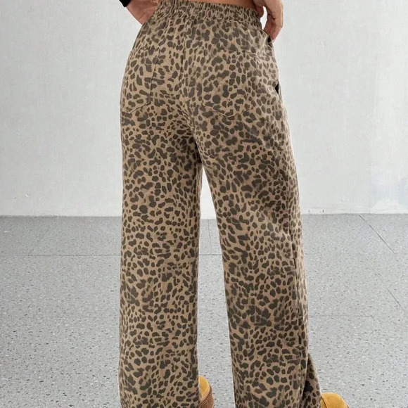Khaki Casual Women's Leopard Print Loose Wide Leg Palazzo Pants - Picture 3 of 6